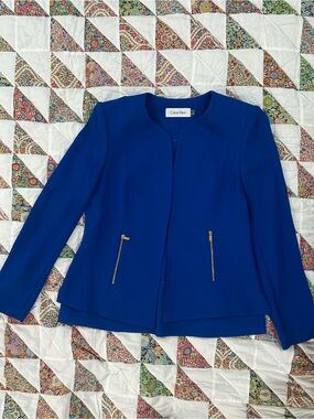 Calvin Klein Bright Blue Open-Front Blazer with Gold Zips